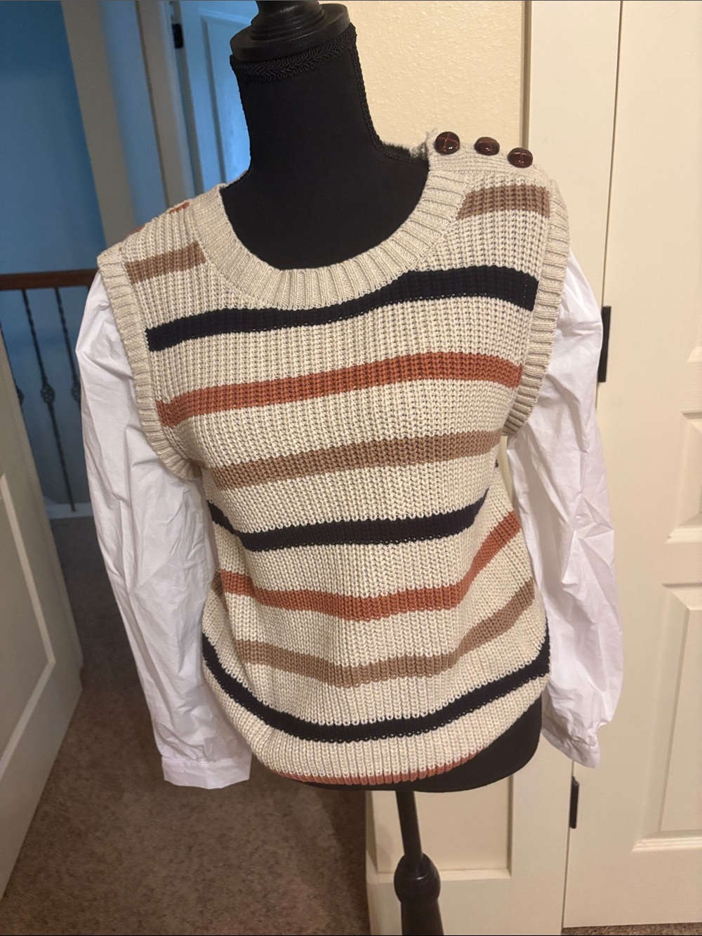 Fate Cream Knit Striped Sweater with White Poplin Sleeves